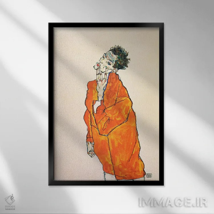 تابلو خودنگاره با ژاکت نارنجی اثر اگون شیله (نقاش اتریشی) - نمای قابدار مشکی