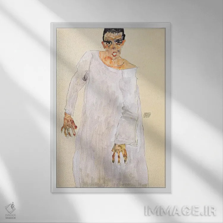 تابلو خودنگاره با شنل سفید اثر اگون شیله (نقاش اتریشی) - نمای قابدار سفید