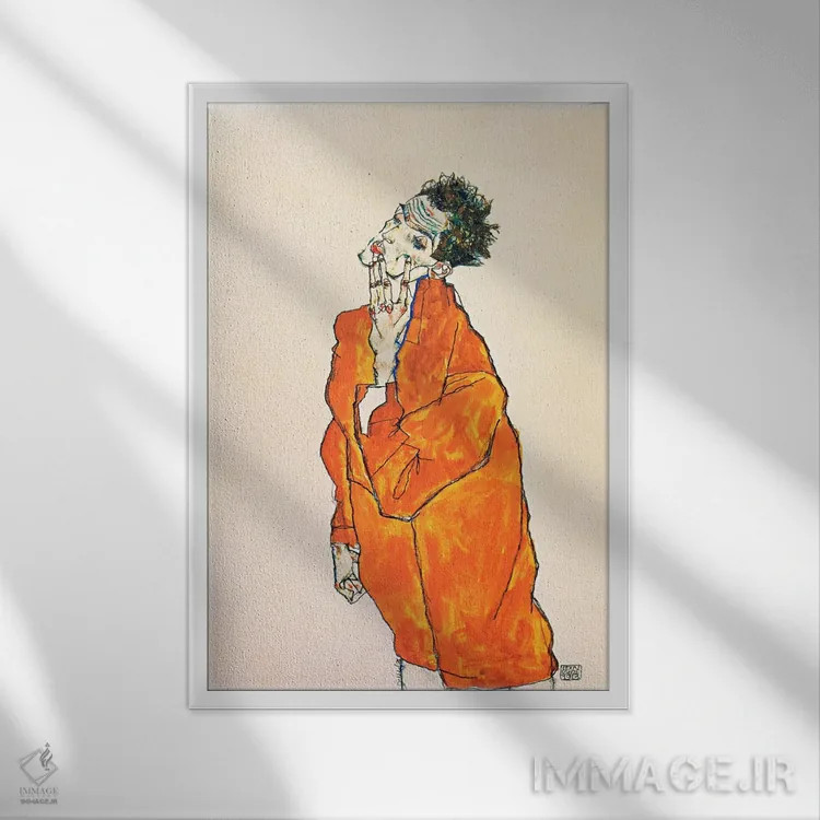 تابلو خودنگاره با ژاکت نارنجی اثر اگون شیله (نقاش اتریشی) - نمای قابدار سفید