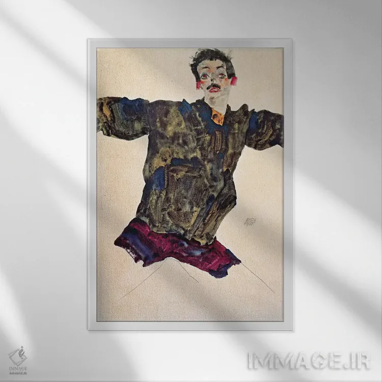تابلو خودنگاره با دستان باز اثر اگون شیله (نقاش اتریشی) - نمای قابدار سفید