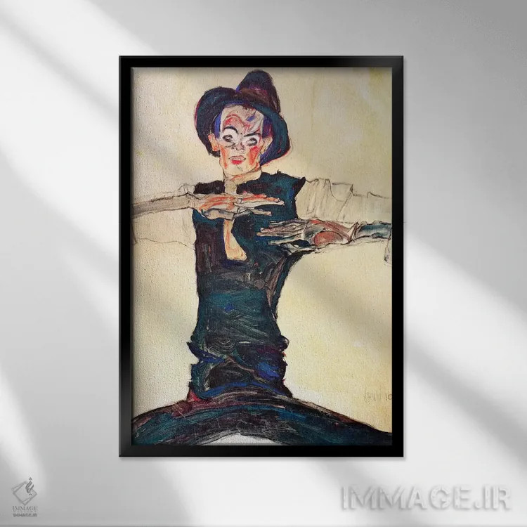 تابلو خودنگاره با کلاه قهوهای اثر اگون شیله (نقاش اتریشی) - نمای قابدار مشکی