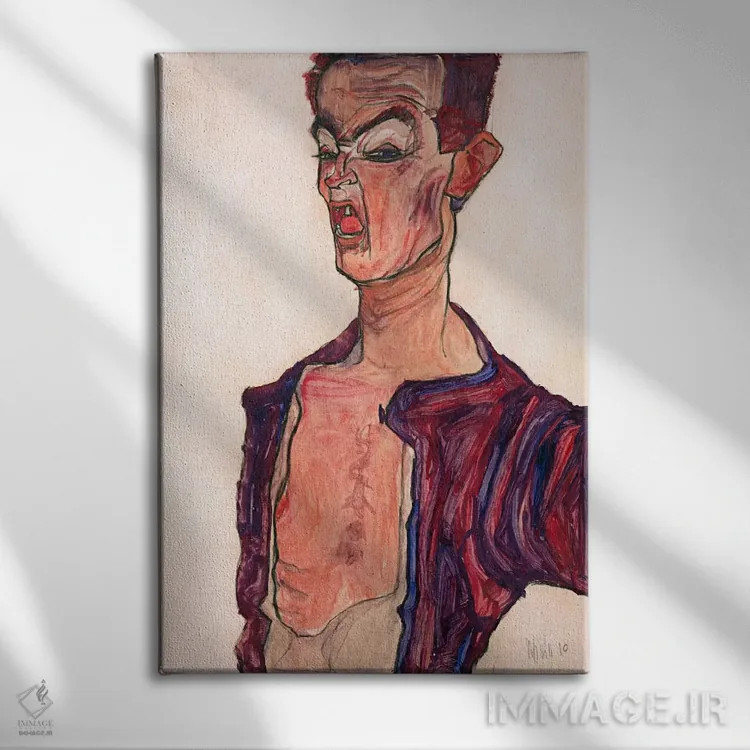 تابلو Grimacing,خودنگاره با چهره درهمکشیده اثر اگون شیله (نقاش اتریشی) - نمای روبهرو روی دیوار