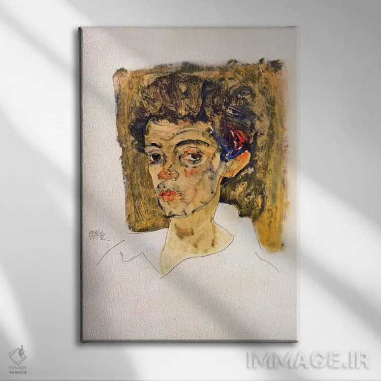 تابلو خودنگاره با زمینه قهوهای اثر اگون شیله (نقاش اتریشی) - نمای روبهرو روی دیوار