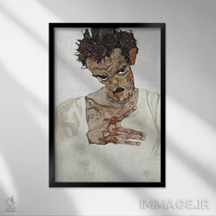 تابلو خودنگاره با سر پایین اثر اگون شیله (نقاش اتریشی) - نمای قابدار مشکی