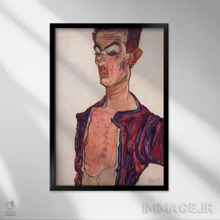 تابلو Grimacing,خودنگاره با چهره درهمکشیده اثر اگون شیله (نقاش اتریشی) - نمای قابدار مشکی