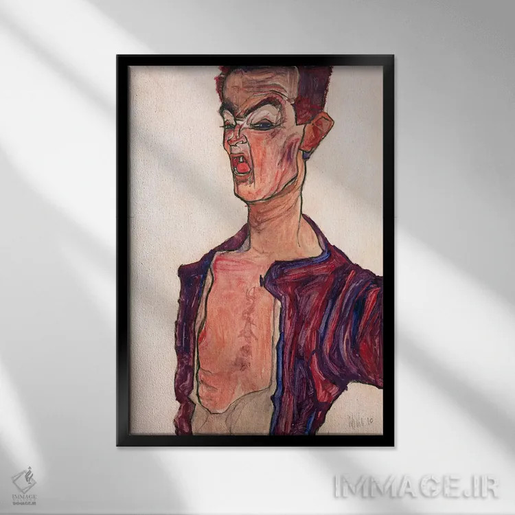 تابلو Grimacing,خودنگاره با چهره درهمکشیده اثر اگون شیله (نقاش اتریشی) - نمای قابدار مشکی