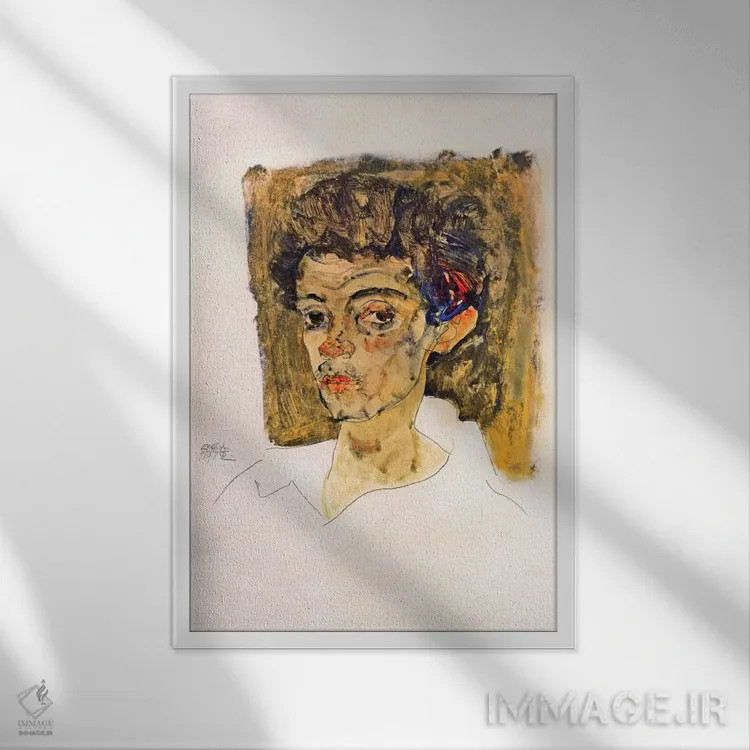 تابلو خودنگاره با زمینه قهوهای اثر اگون شیله (نقاش اتریشی) - نمای قابدار سفید