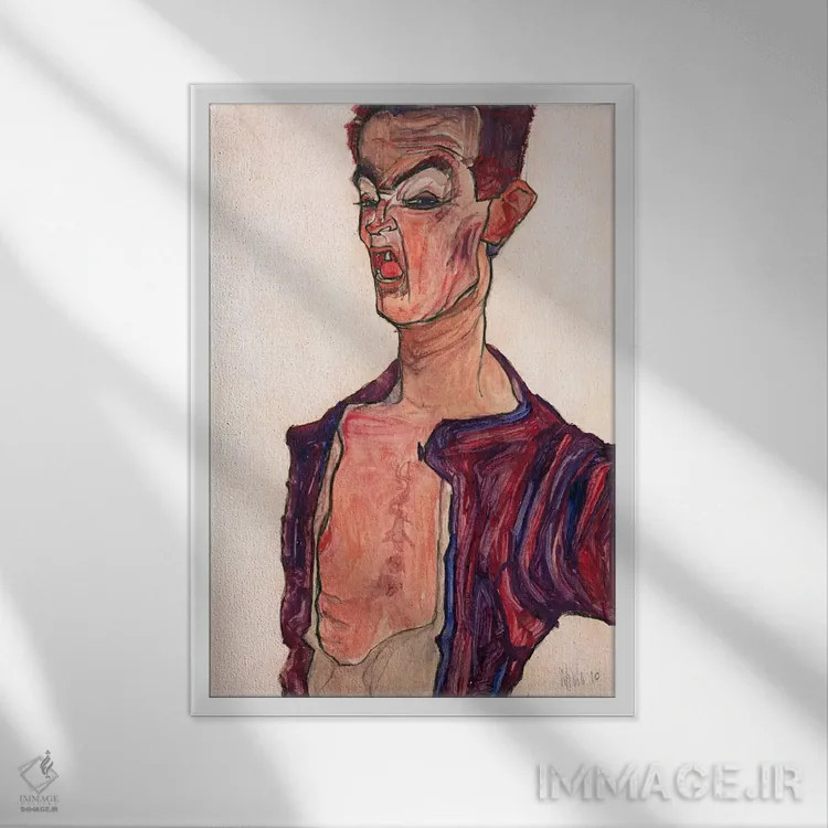 تابلو Grimacing,خودنگاره با چهره درهمکشیده اثر اگون شیله (نقاش اتریشی) - نمای قابدار سفید