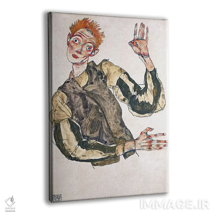 تابلو خودنگاره با بازوبندهای راهراه اثر اگون شیله (نقاش اتریشی) - نمای پرسپکتیو محصول