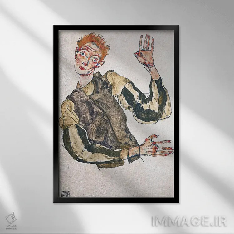 تابلو خودنگاره با بازوبندهای راهراه اثر اگون شیله (نقاش اتریشی) - نمای قابدار مشکی