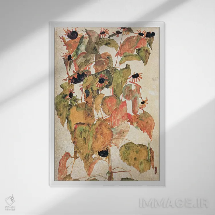 تابلو آفتابگردانها اثر اگون شیله (نقاش اتریشی) - نمای قابدار سفید