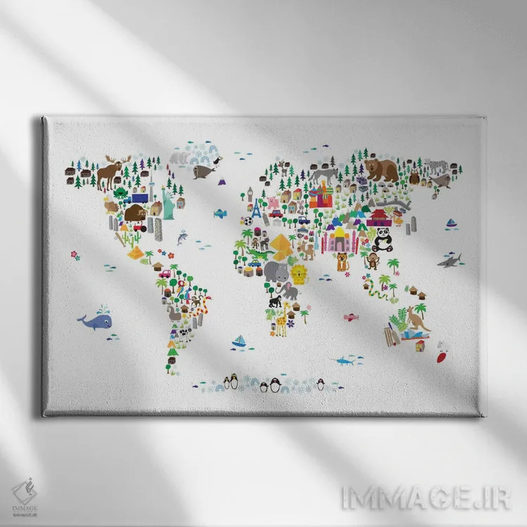 تابلو نقشهٔ حیوانات جهان اثر مایکل تامپست - نمای روبهرو روی دیوار