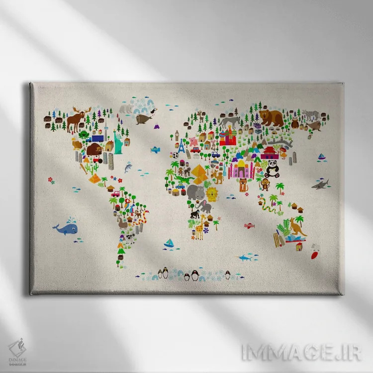 تابلو نقشهٔ حیوانات جهان ۲ اثر مایکل تامپست - نمای روبهرو روی دیوار