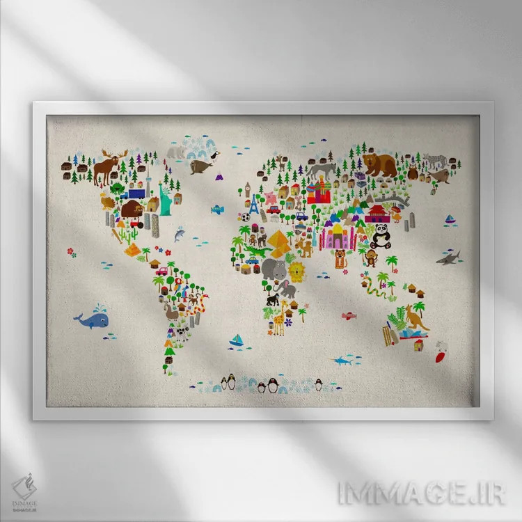 تابلو نقشهٔ حیوانات جهان ۲ اثر مایکل تامپست - نمای قابدار سفید