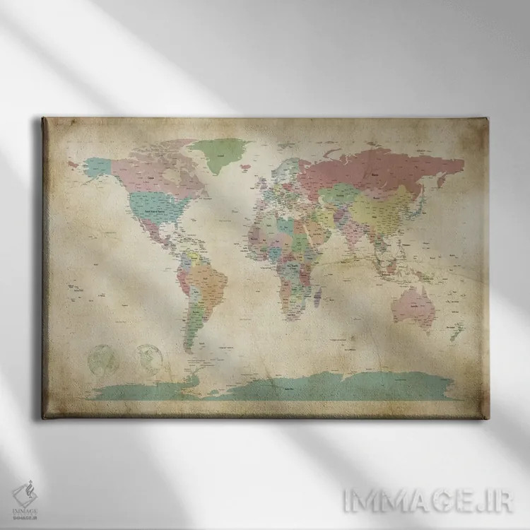 تابلو نقشهٔ شهرهای جهان اثر مایکل تامپست - نمای روبهرو روی دیوار