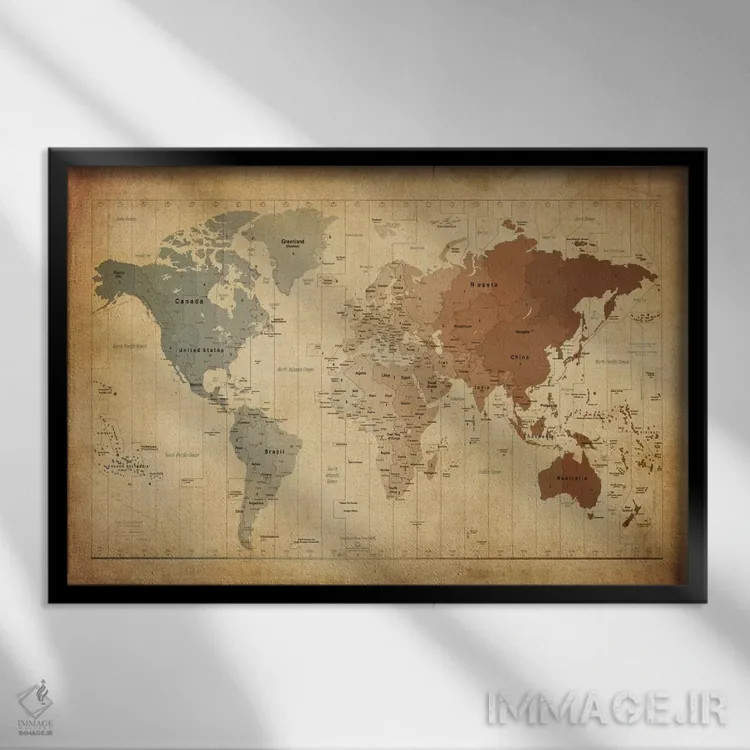تابلو نقشهٔ جهان ۳ اثر مایکل تامپست - نمای قابدار مشکی