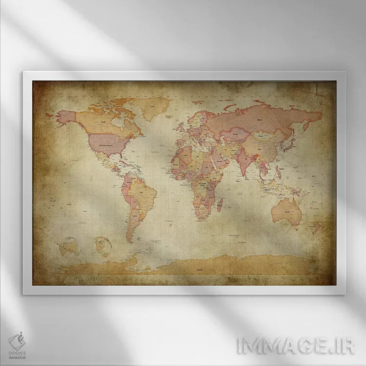 تابلو نقشهٔ جهان ۲ اثر مایکل تامپست - نمای قابدار سفید