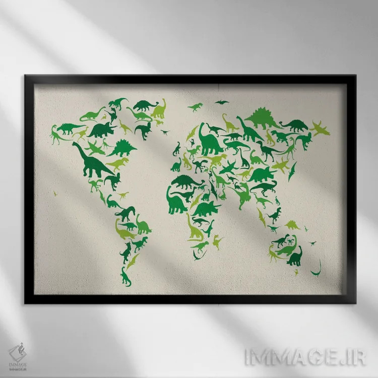 تابلو نقشهٔ دایناسورهای جهان اثر مایکل تامپست - نمای قابدار مشکی