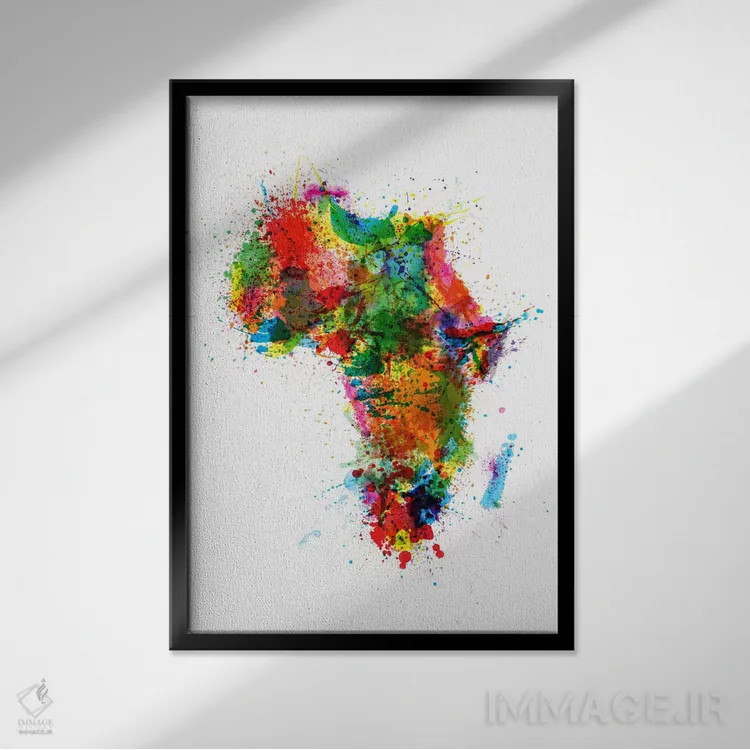 تابلو نقشهٔ آفریقا با پاشش رنگ اثر مایکل تامپست - نمای قابدار مشکی