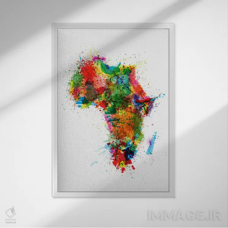 تابلو نقشهٔ آفریقا با پاشش رنگ اثر مایکل تامپست - نمای قابدار سفید