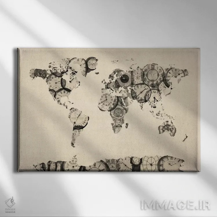 تابلو نقشهٔ جهان با قطعات ساعتهای قدیمی اثر مایکل تامپست - نمای روبهرو روی دیوار