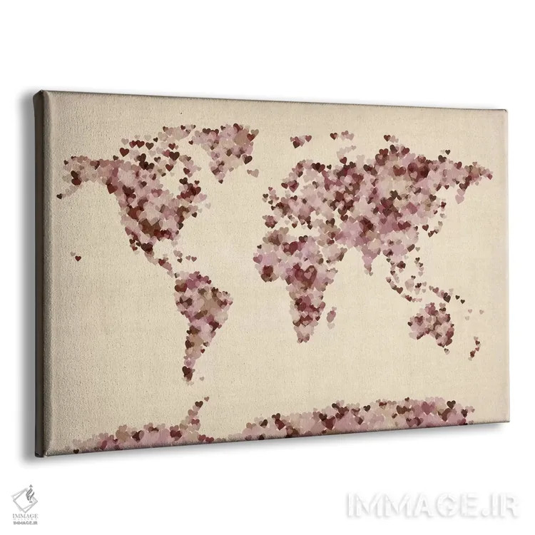 تابلو نقشهٔ جهان با قلبهای عتیقه اثر مایکل تامپست - نمای پرسپکتیو محصول