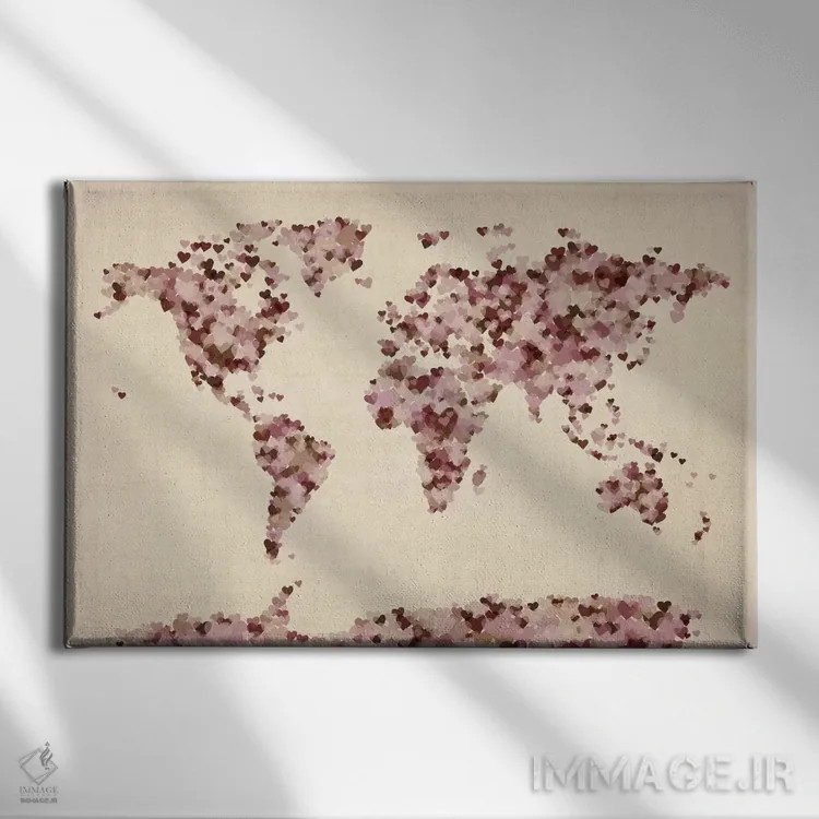تابلو نقشهٔ جهان با قلبهای عتیقه اثر مایکل تامپست - نمای روبهرو روی دیوار