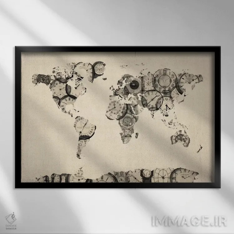 تابلو نقشهٔ جهان با قطعات ساعتهای قدیمی اثر مایکل تامپست - نمای قابدار مشکی