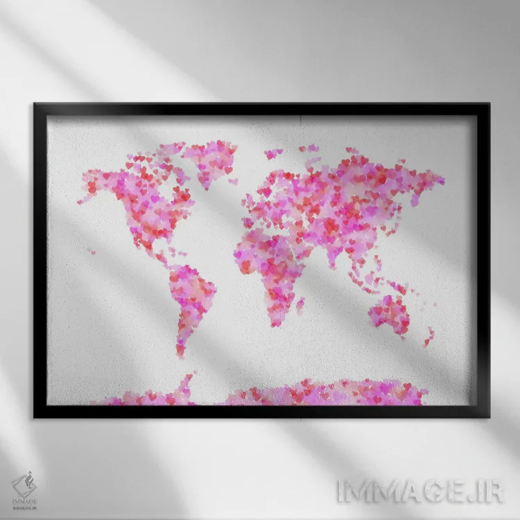 تابلو نقشهٔ جهان با قلبهای عاشقانه اثر مایکل تامپست - نمای قابدار مشکی
