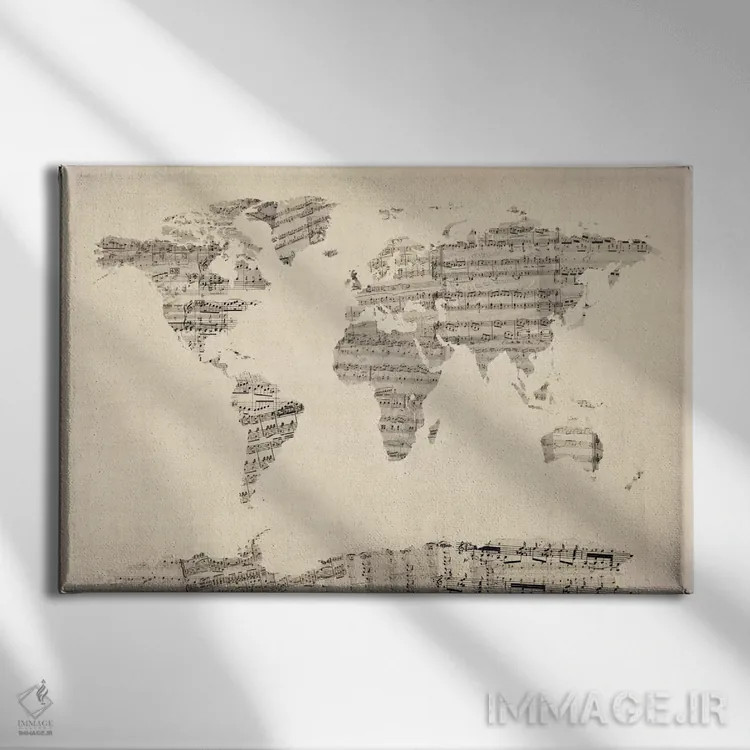 تابلو نقشهٔ جهان با نتهای موسیقی کهنه اثر مایکل تامپست - نمای روبهرو روی دیوار