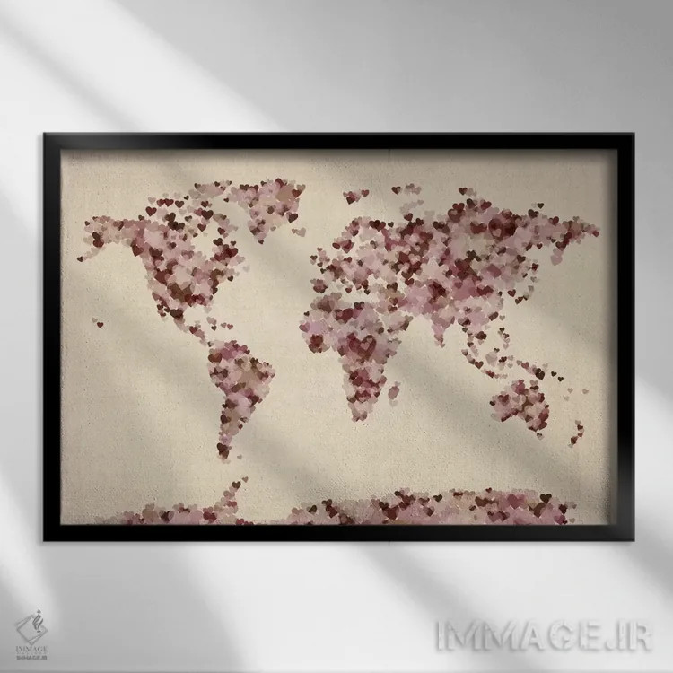 تابلو نقشهٔ جهان با قلبهای عتیقه اثر مایکل تامپست - نمای قابدار مشکی
