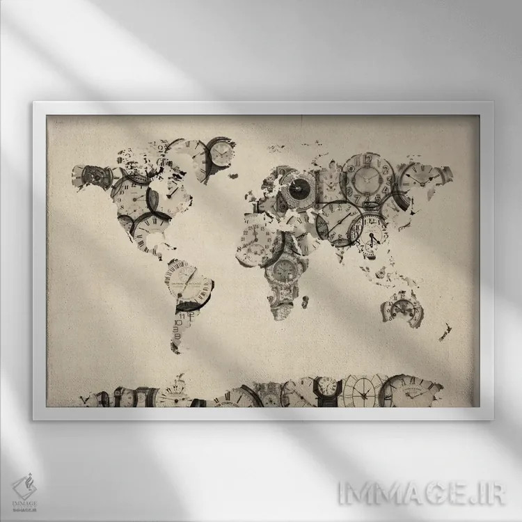 تابلو نقشهٔ جهان با قطعات ساعتهای قدیمی اثر مایکل تامپست - نمای قابدار سفید