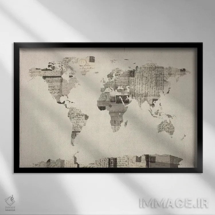 تابلو نقشهٔ جهان روی کارتپستال قدیمی اثر مایکل تامپست - نمای قابدار مشکی