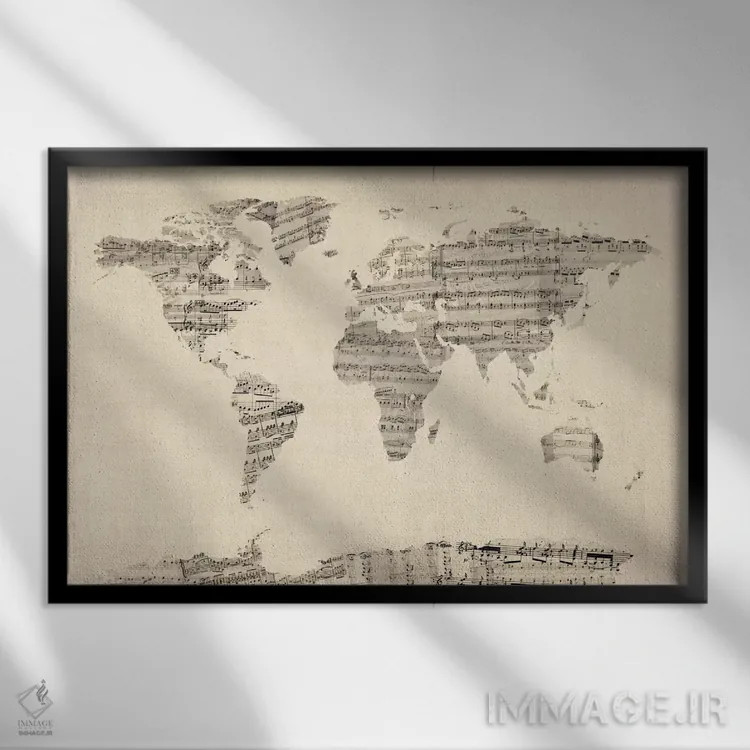 تابلو نقشهٔ جهان با نتهای موسیقی کهنه اثر مایکل تامپست - نمای قابدار مشکی