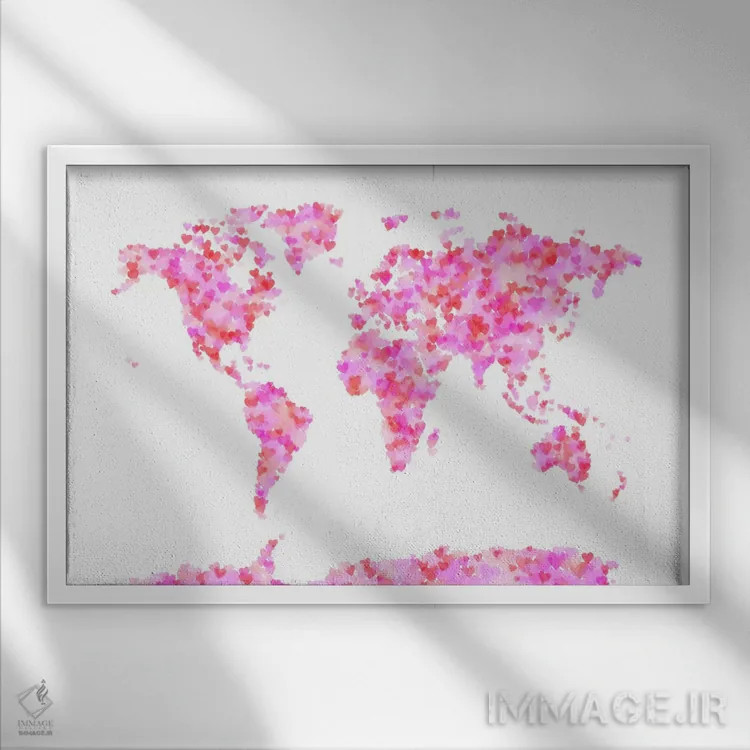 تابلو نقشهٔ جهان با قلبهای عاشقانه اثر مایکل تامپست - نمای قابدار سفید