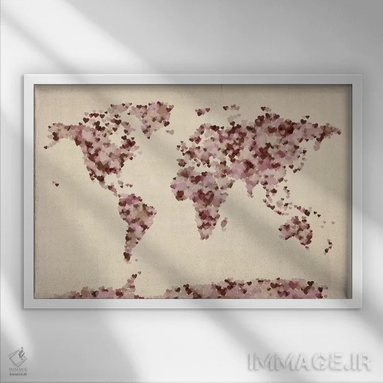 تابلو نقشهٔ جهان با قلبهای عتیقه اثر مایکل تامپست - نمای قابدار سفید