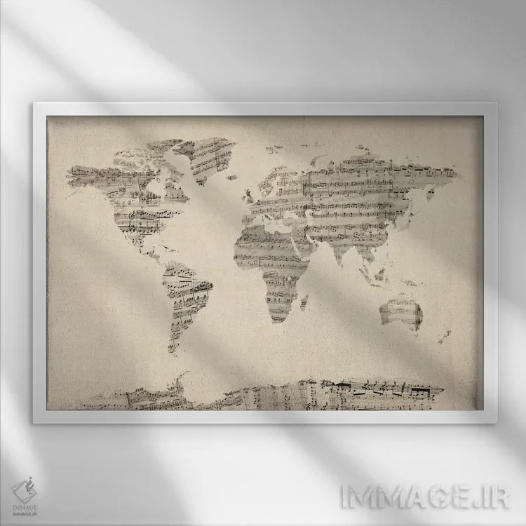 تابلو نقشهٔ جهان با نتهای موسیقی کهنه اثر مایکل تامپست - نمای قابدار سفید