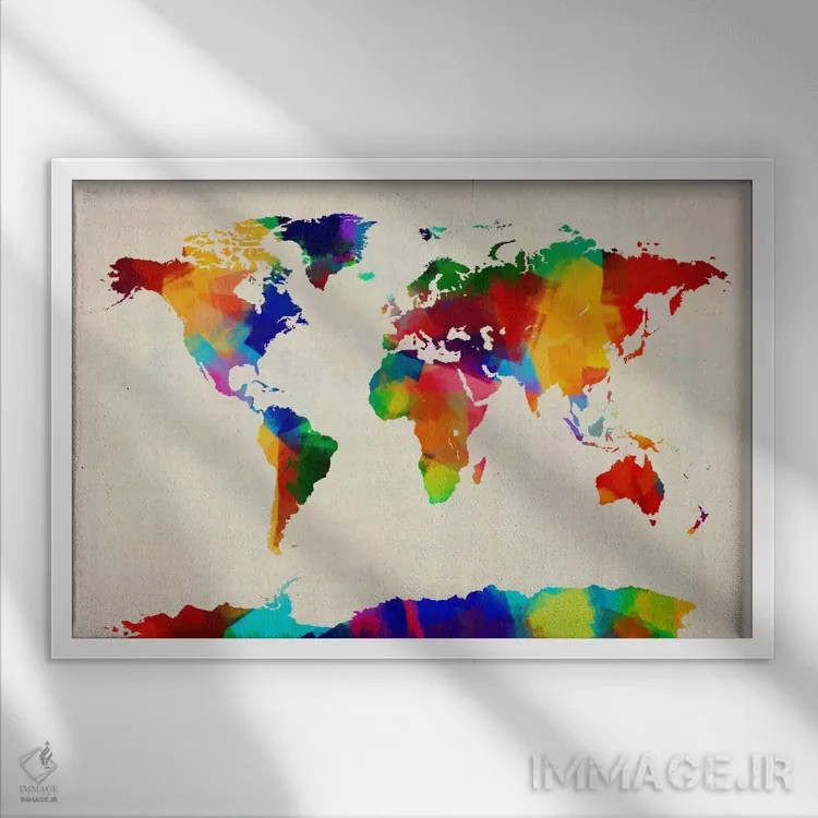 تابلو نقشهٔ جهان ۴ اثر مایکل تامپست - نمای قابدار سفید
