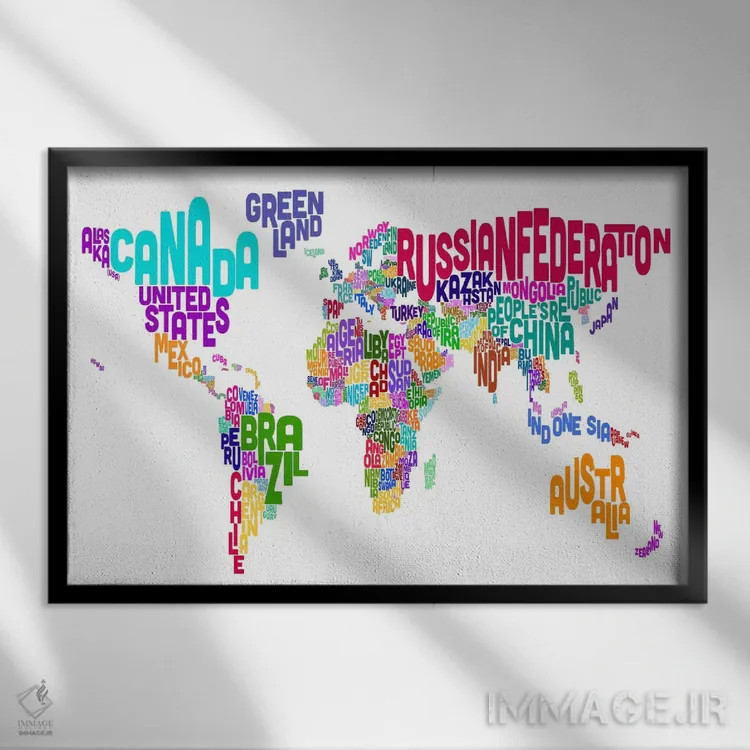 تابلو نقشهٔ تایپوگرافی جهان ۶ اثر مایکل تامپست - نمای قابدار مشکی