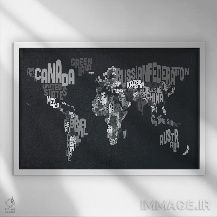 تابلو نقشهٔ تایپوگرافی جهان ۷ اثر مایکل تامپست - نمای قابدار سفید