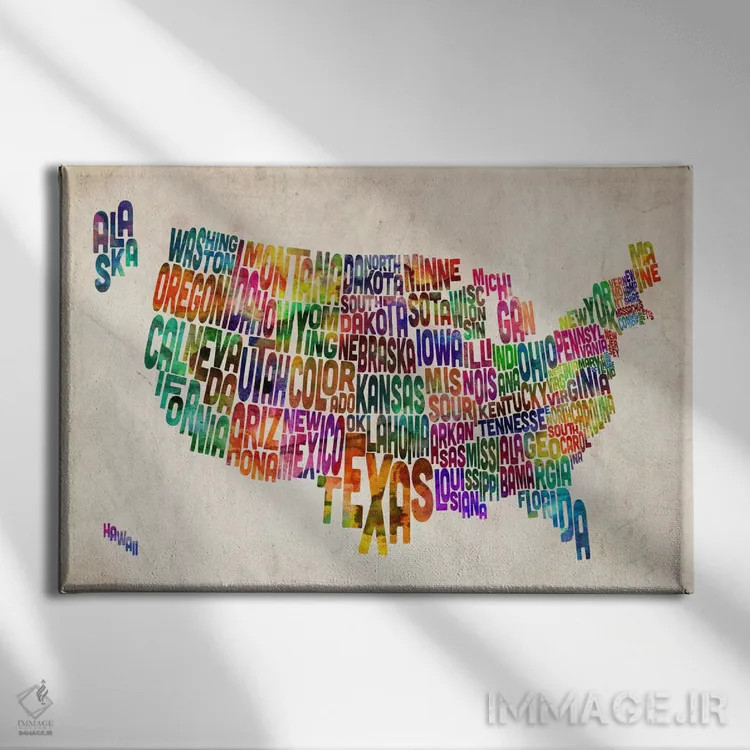 تابلو نقشهٔ تایپوگرافی ایالتهای آمریکا اثر مایکل تامپست - نمای روبهرو روی دیوار