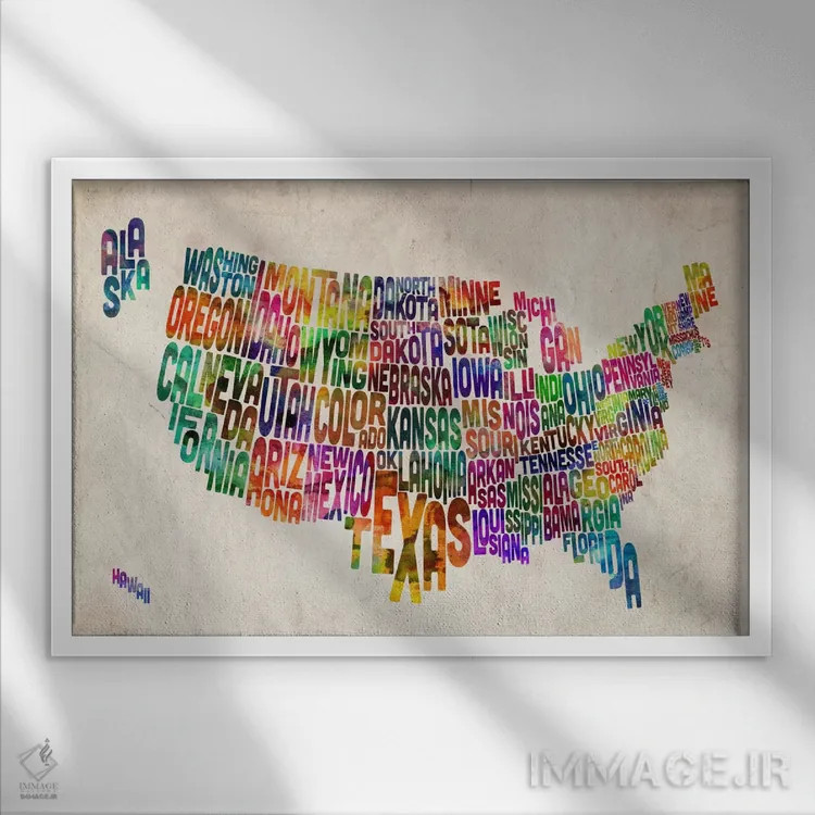 تابلو نقشهٔ تایپوگرافی ایالتهای آمریکا اثر مایکل تامپست - نمای قابدار سفید