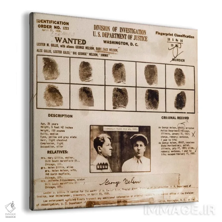 تابلو پوستر تحت تعقیب لستر ام. گلیس ملقب به "بیبی فیس نلسون" اثر هنرمند ناشناس - نمای پرسپکتیو محصول