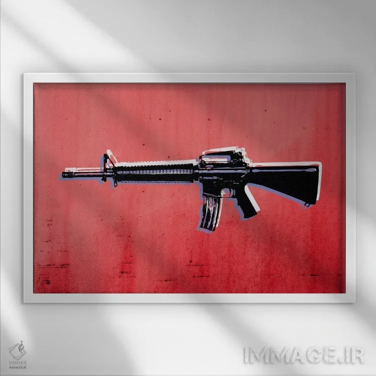 تابلو تفنگ تهاجمی M16 روی زمینه قرمز اثر مایکل تامپست - نمای قابدار سفید