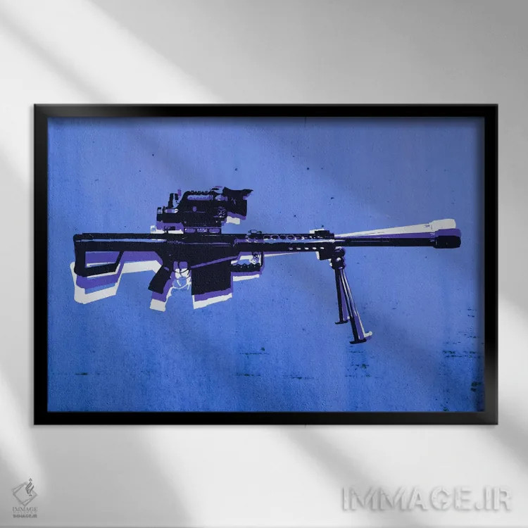 تابلو تفنگ تکتیرانداز M82 روی زمینه آبی اثر مایکل تامپست - نمای قابدار مشکی