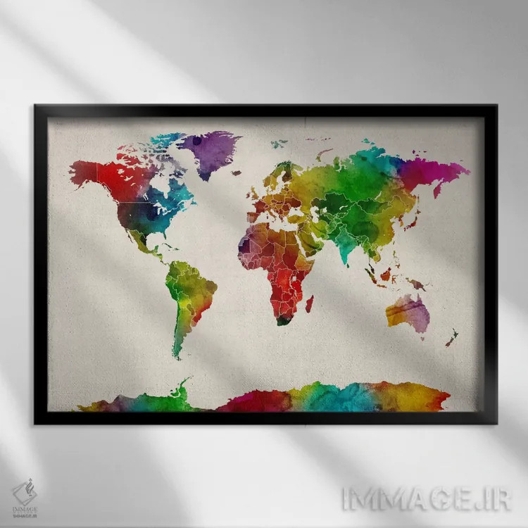 تابلو نقشهٔ جهان با آبرنگ ۳ اثر مایکل تامپست - نمای قابدار مشکی