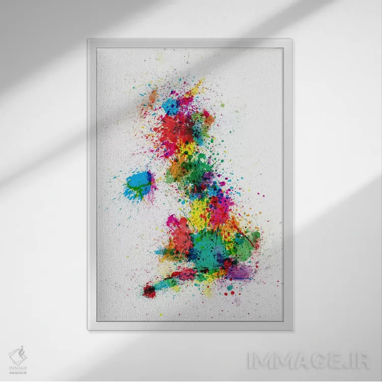 تابلو نقشهٔ بریتانیا با پاشش رنگ اثر مایکل تامپست - نمای قابدار سفید