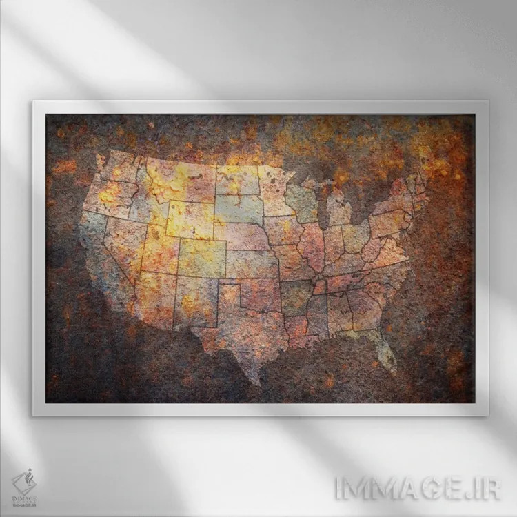 تابلو نقشهٔ ایالات متحده آمریکا اثر مایکل تامپست - نمای قابدار سفید