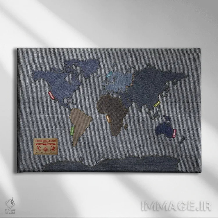 تابلو نقشهٔ جهان با طرح جین اثر مایکل تامپست - نمای روبهرو روی دیوار