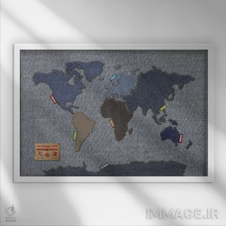 تابلو نقشهٔ جهان با طرح جین اثر مایکل تامپست - نمای قابدار سفید